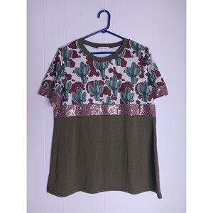 Southern Stitch Cactus Print Western Green Blouse Women's Size M